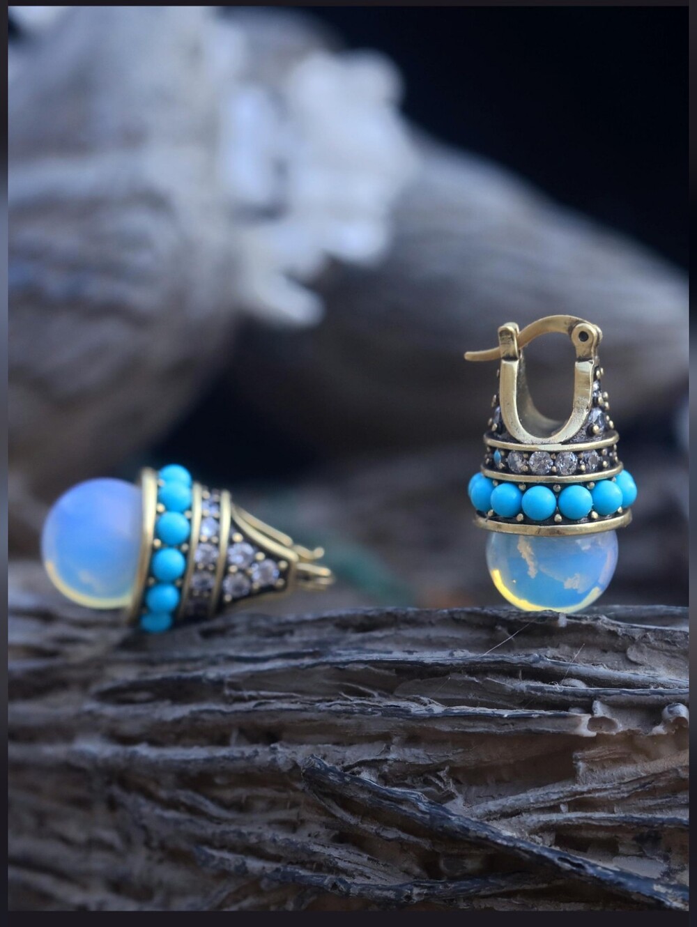 Gold-Tone Moonstone Drop Earrings with Turquoise Accents